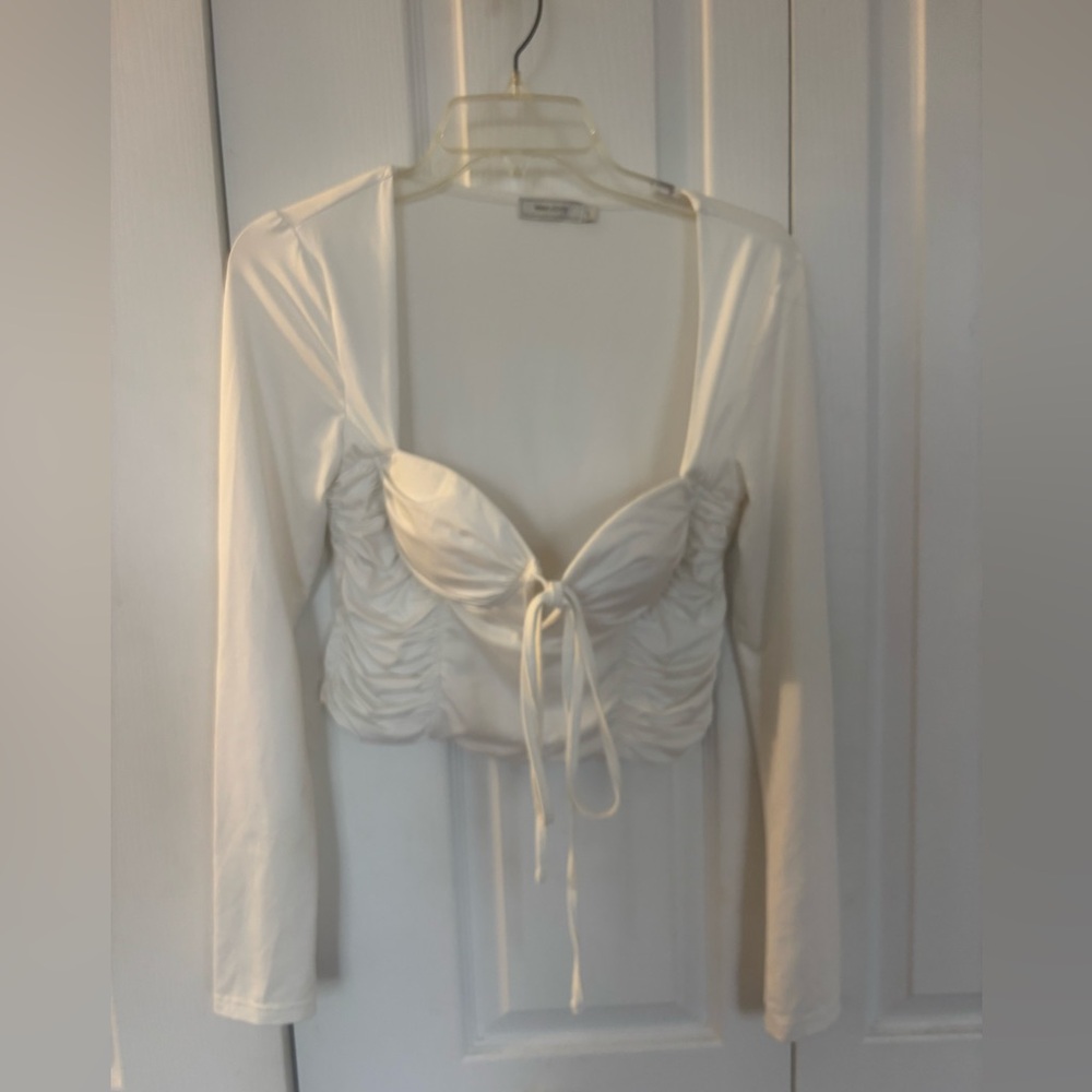 White Long Sleeve Ruched Crop Top